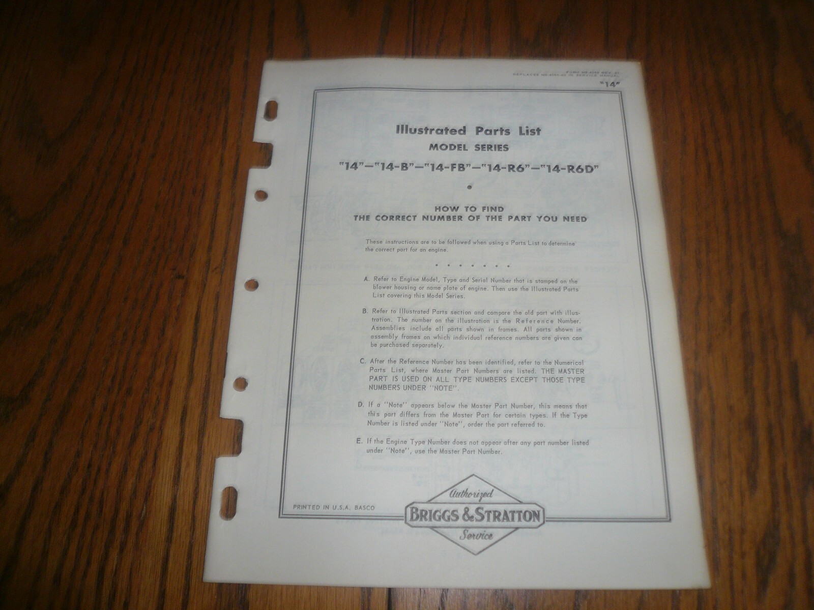 Briggs Stratton Illustrated Parts List Model 14 14-B 14-FB 14-R6 14-R6D