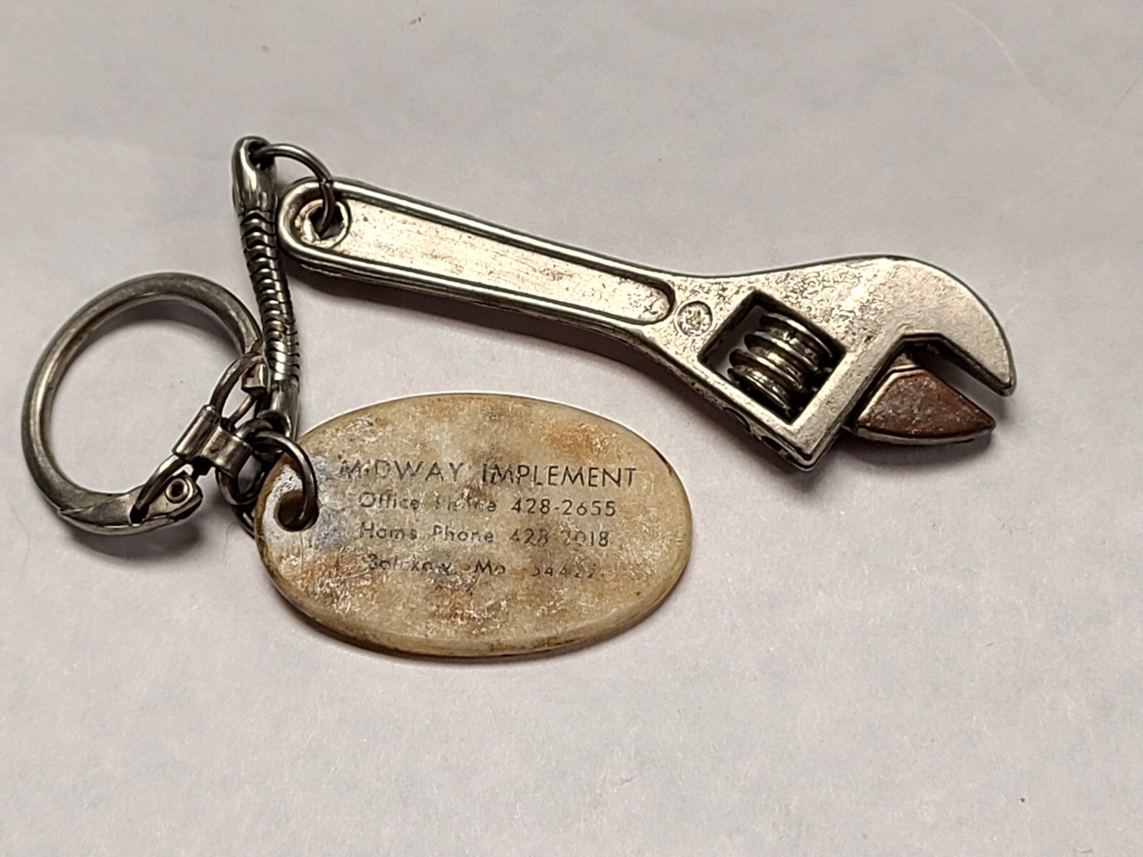 Vintage Mini Adjustable Wrench Keychain MIDWAY IMPLEMENT Bolckow Missouri