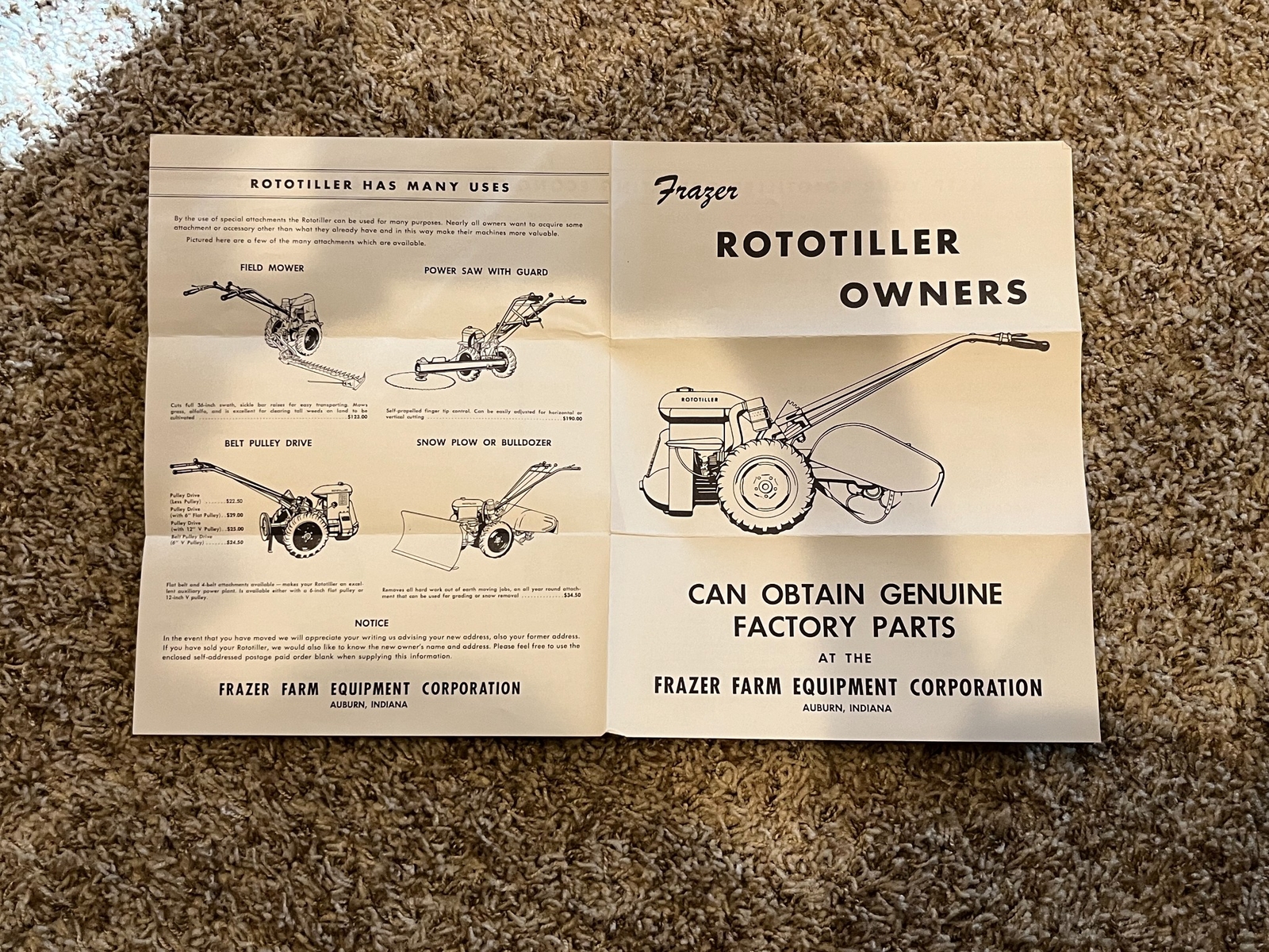 1960’S FRAZER FARM EQUIPMENT, “ROTOTILLER” GENUINE FACTORY PARTS LIST