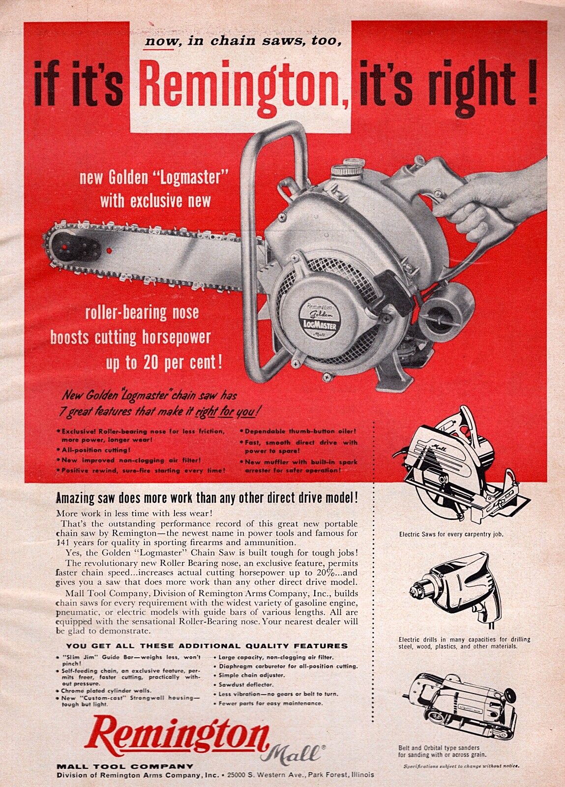 1957 Remington Golden Logmaster Chainsaw Original Print Ad