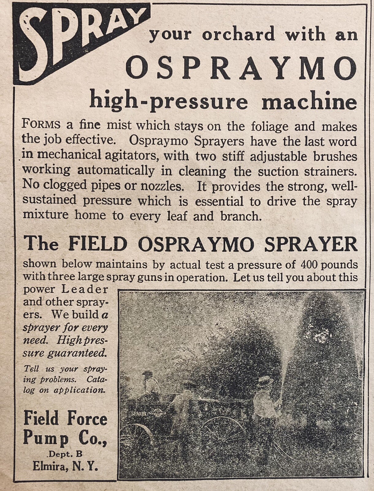 1928 AD.(XH63)~FIELD FORCE PUMP CO. ELMIRA, NY. OSPRAYMO ORCHARD SPRAYERS