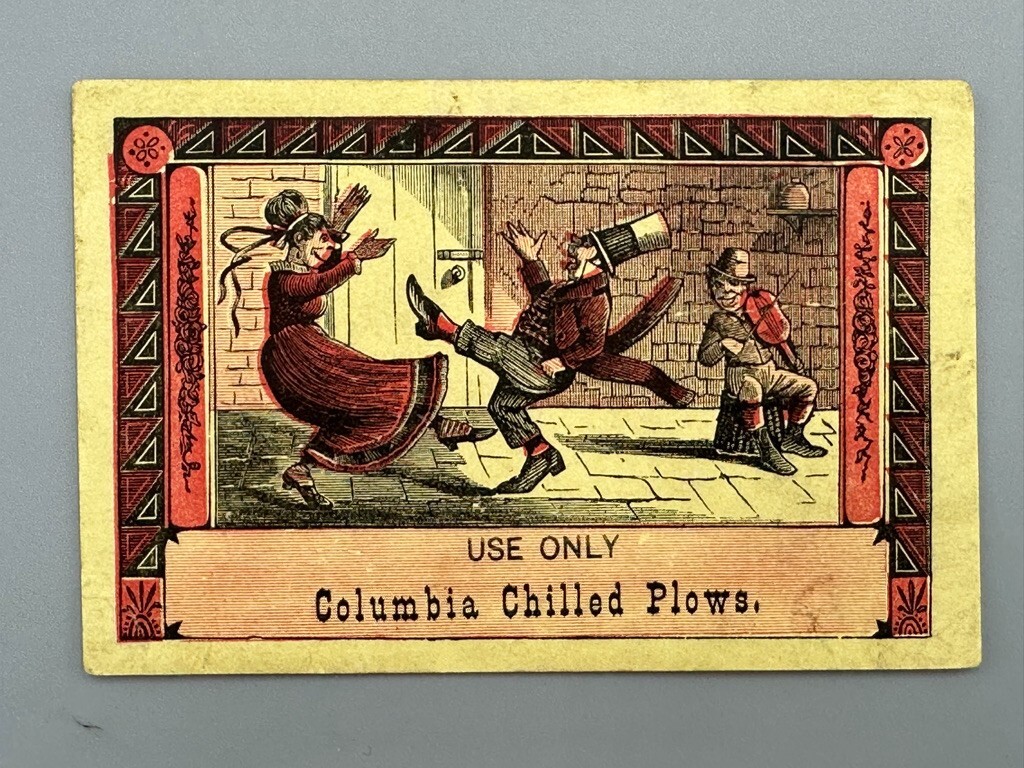 1880s COLUMBIA CHILLED PLOW Fiddle Dancing Jig FARM Advertising Trade Card