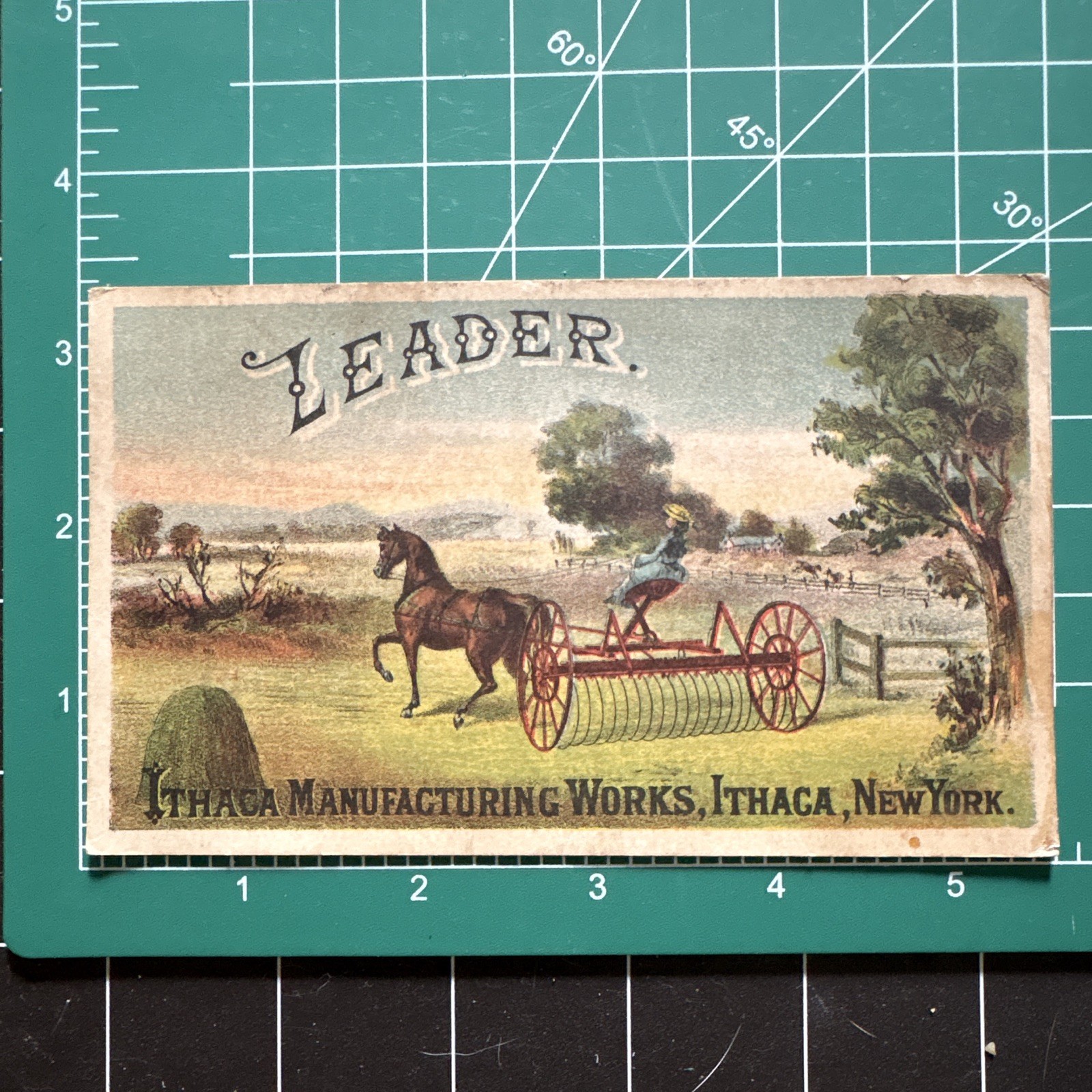 Ithaca Manufacturing Works “Leader” Hay Rake Agriculture Trade Card, Multicolor