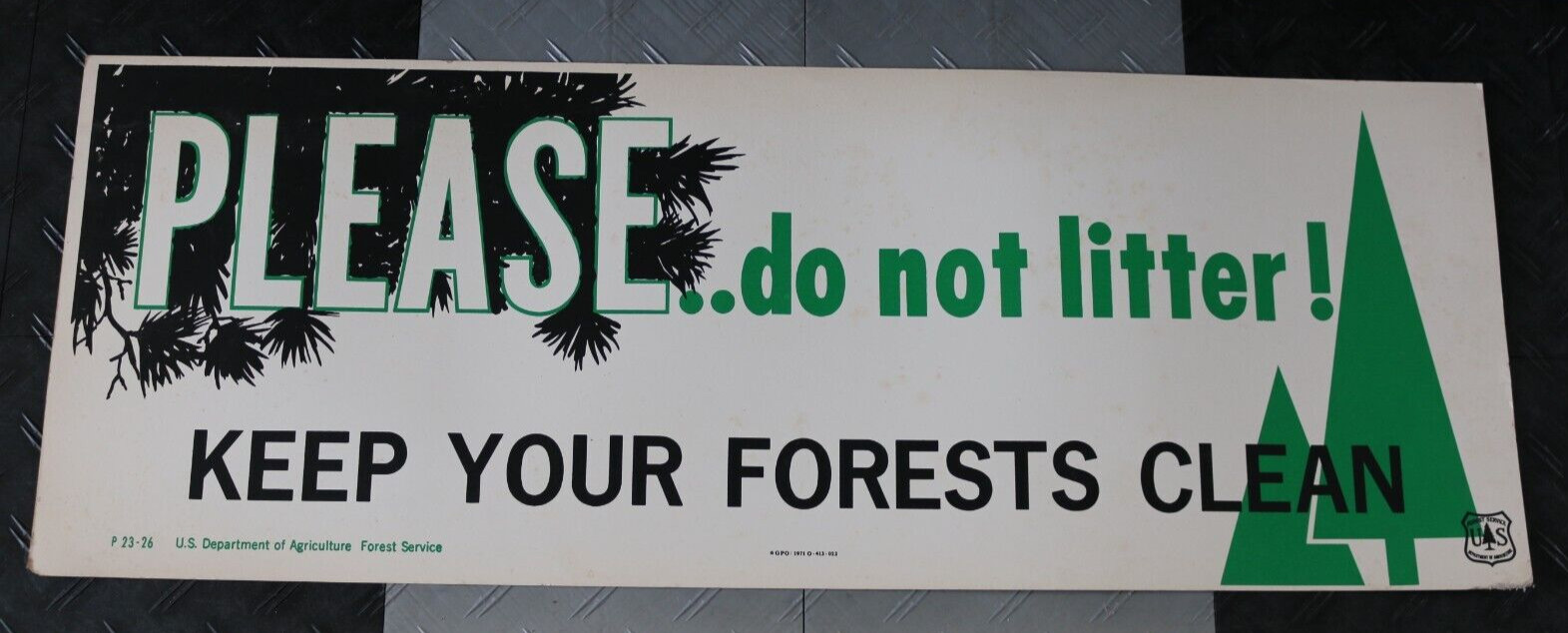 Vintage 1971 U.S. Department of Agriculture 44″x16″ cardboard sign clean forest