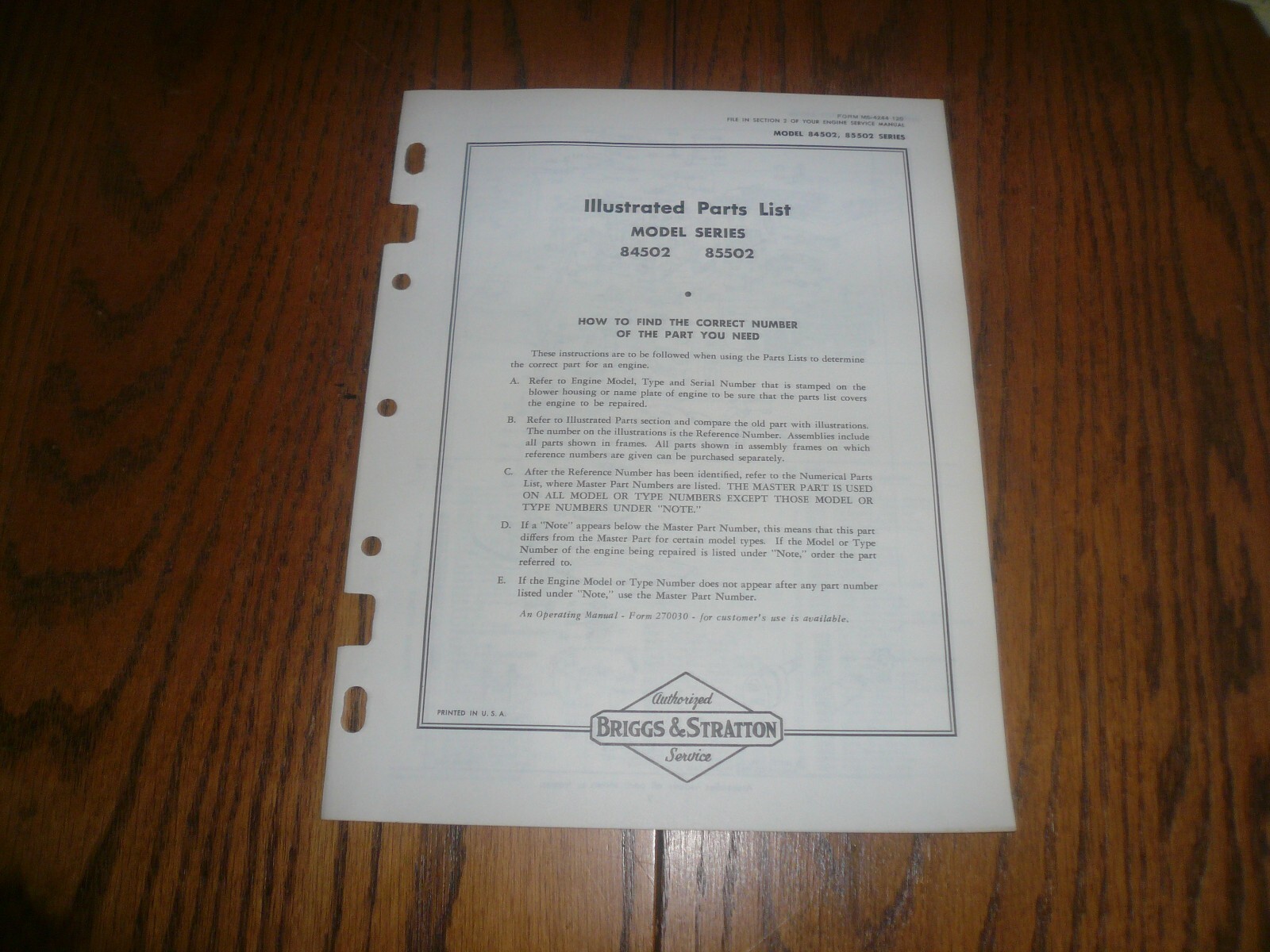Briggs Stratton Illustrated Parts List Models 84502 to 85502