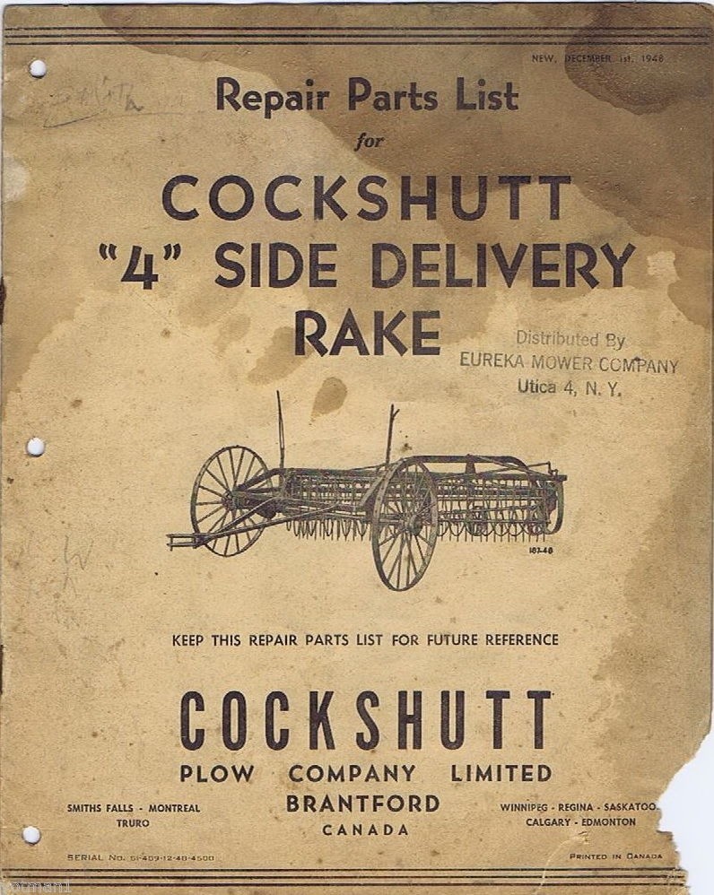Repair Parts List for Cockshutt “4” Side Delivery Rake; 1948 Vintage