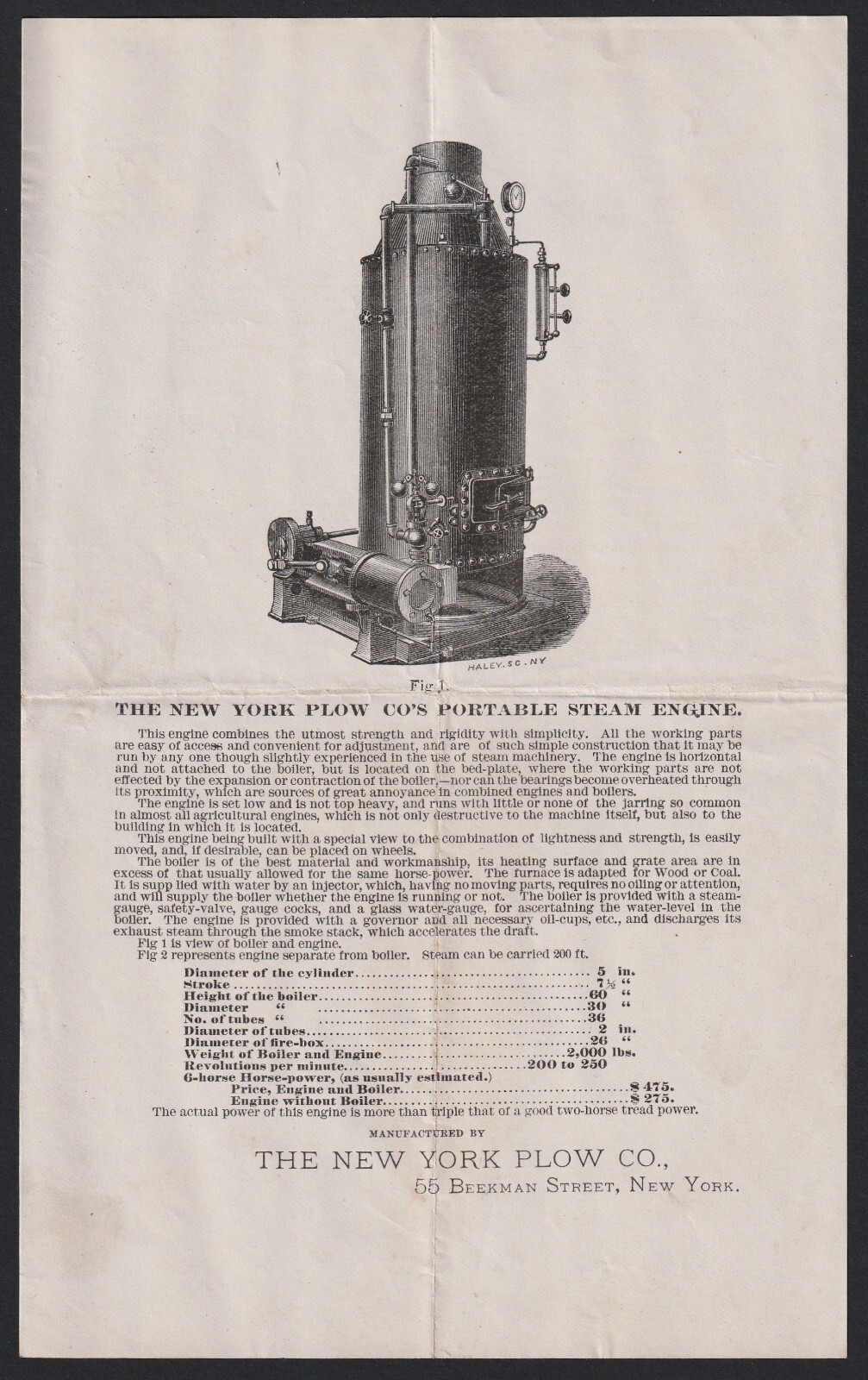 RARE Advertising Flyer – New York Plow Company – Portable Steam Engine ca 1870s