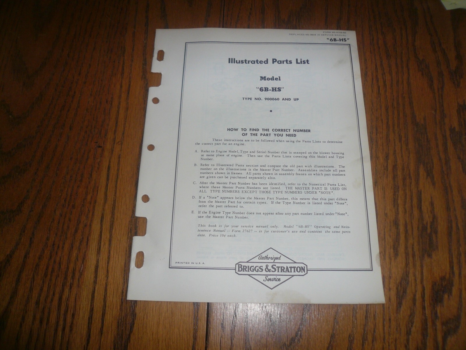 Briggs Stratton Illustrated Parts List Model 6B-HS 900060 And Up